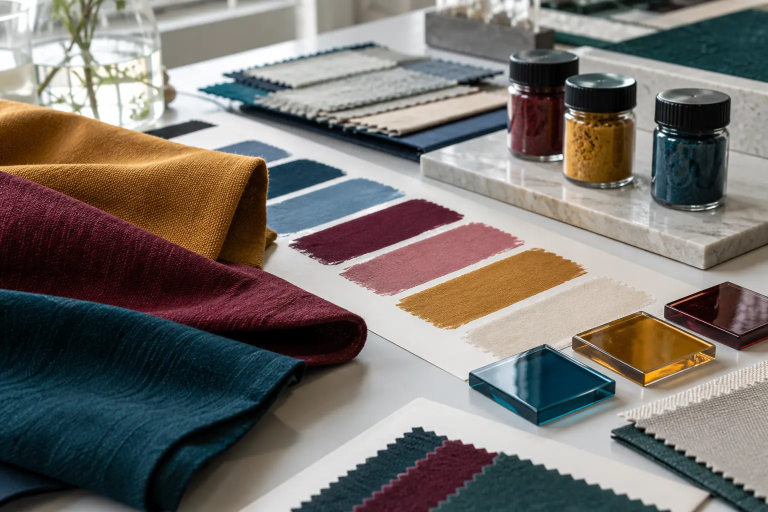 Dyed textiles, colour drawdowns and pigment samples